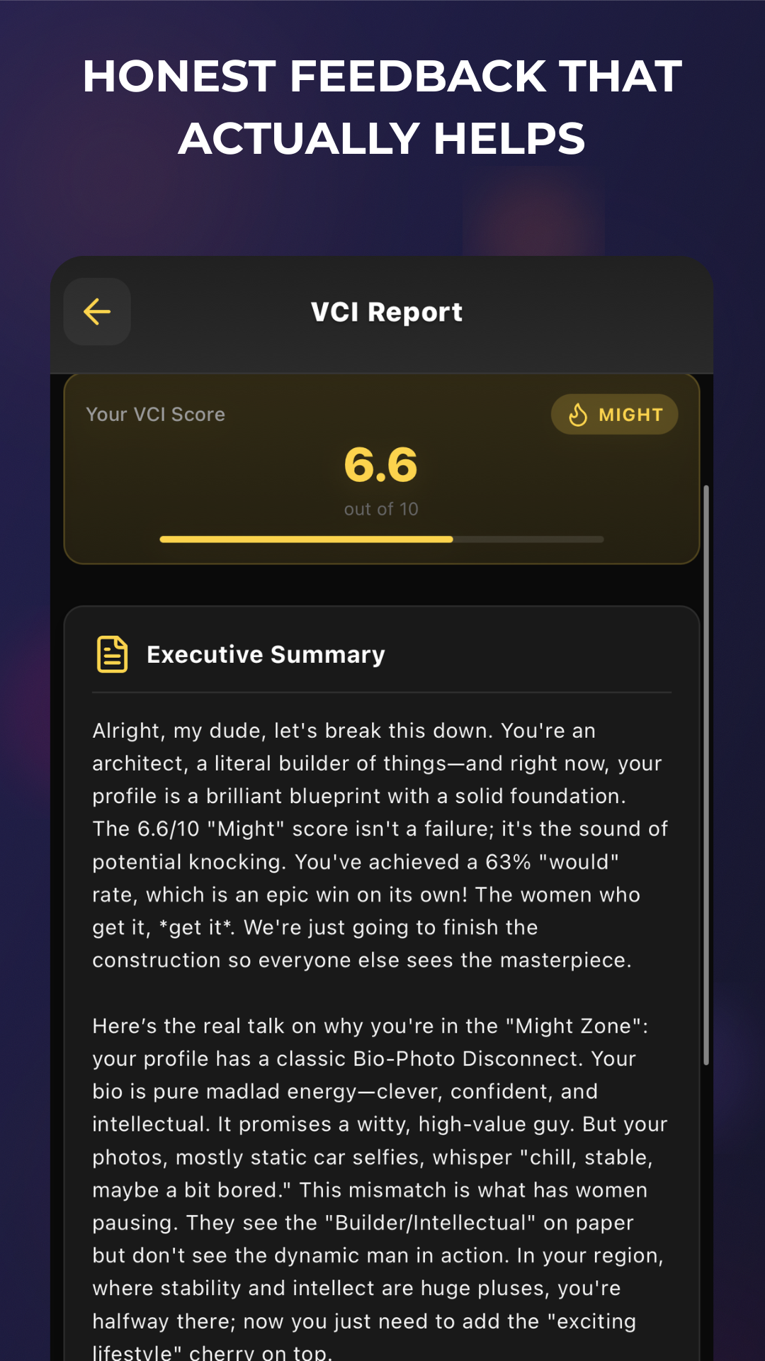 Executive summary providing actionable insights about your profile